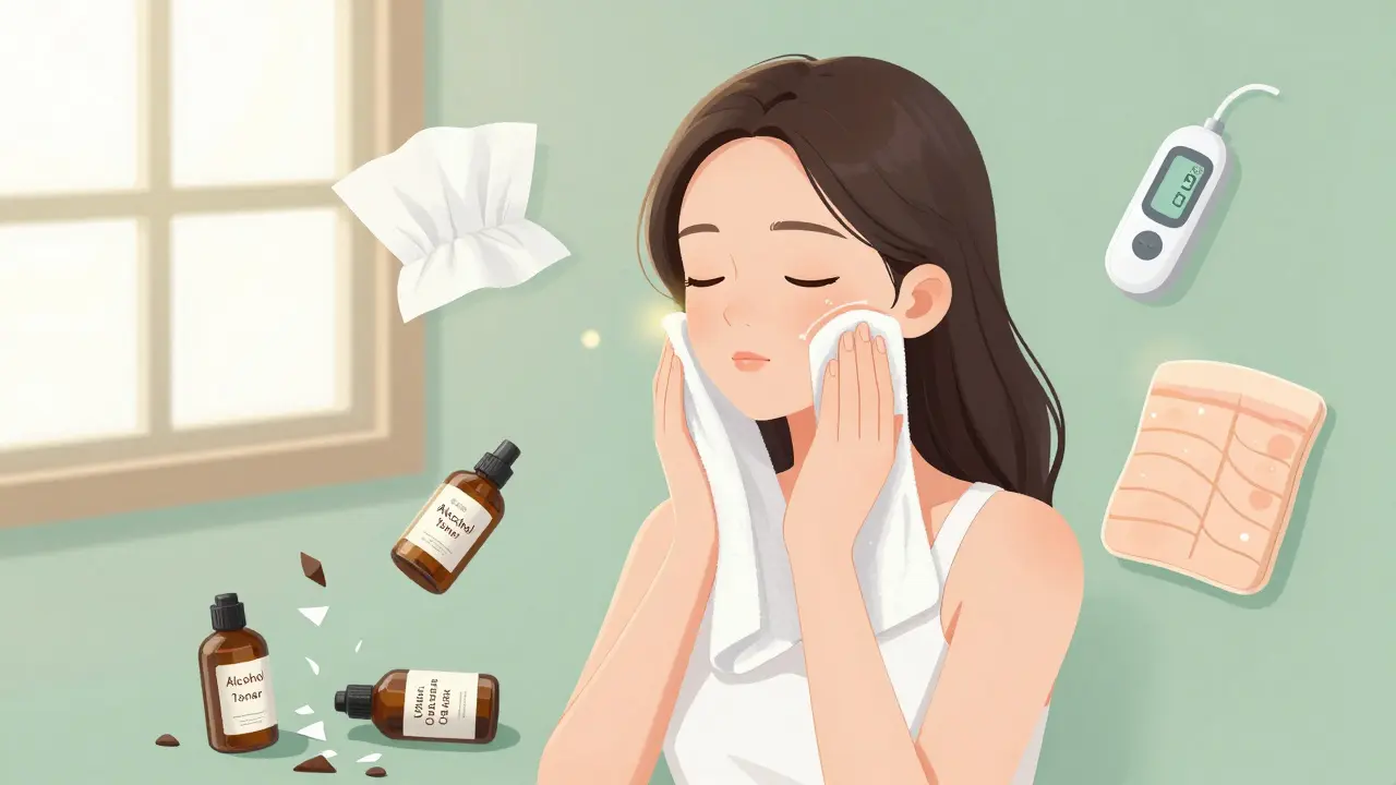 Женщина мягко ухаживает за кожей, вокруг неё — инструменты правильной диагностики и разбитые вредные средства.