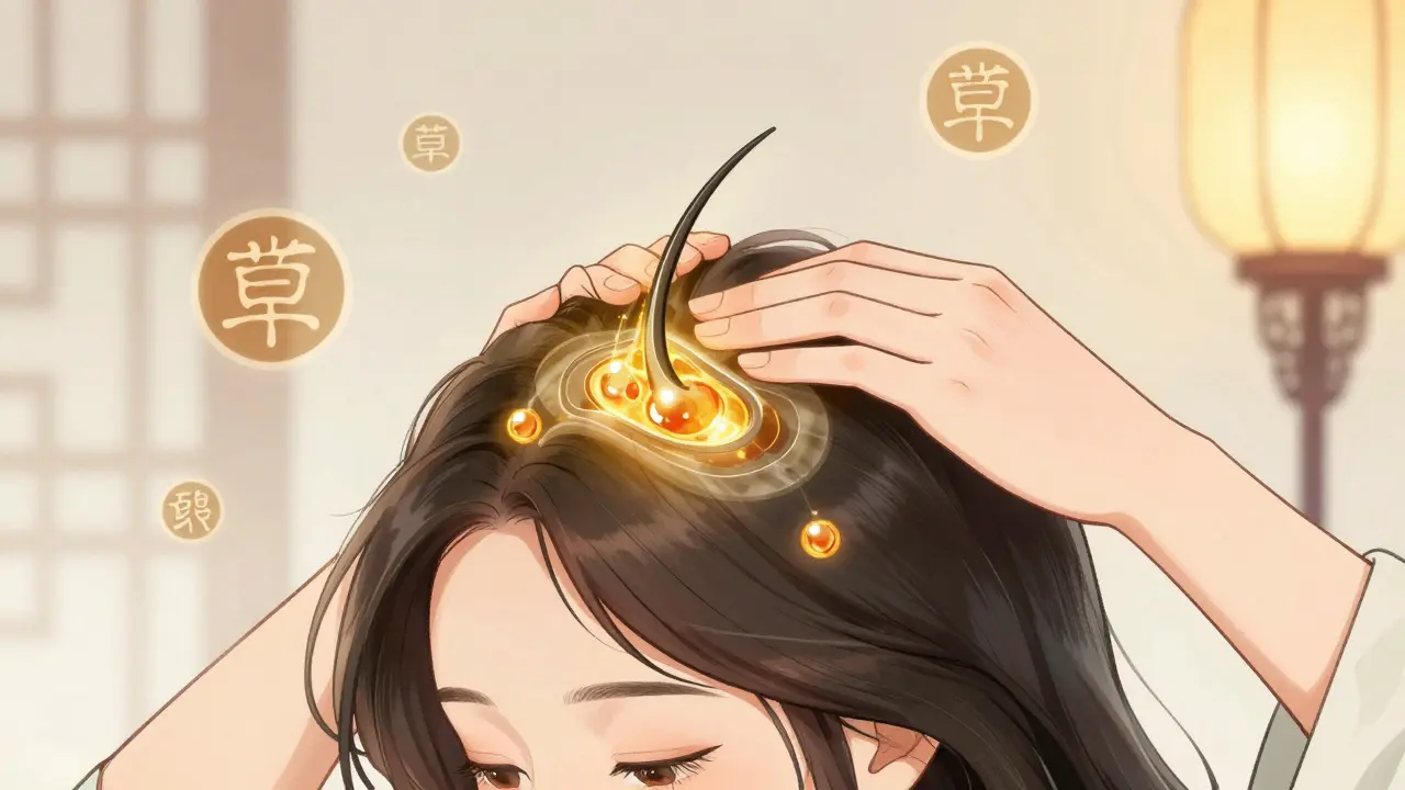 Женщина массирует масло в кожу головы, видно, как оно проникает в волосяные луковицы.