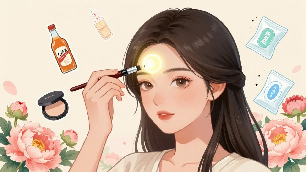 Женщина наносит хайлайтер тонкой линией, вокруг неё разлетаются разрушающиеся вредные средства.