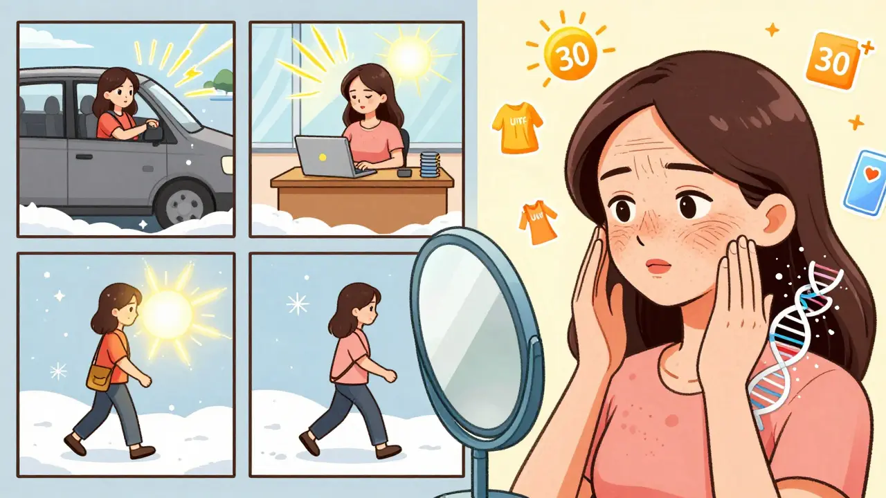 Женщина наносит крем, а вокруг нее — невидимые лучи UVA, разрушающие кожу в повседневных ситуациях.