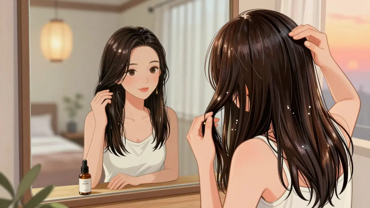 Женщина наносит масло только на кончики волос, получая естественный блеск.