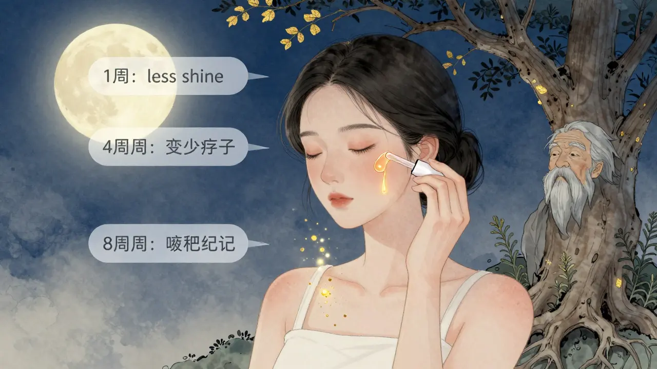 Женщина наносит сыворотку ночью, золотые частицы поднимаются к коже, вокруг — временные метки улучшений.