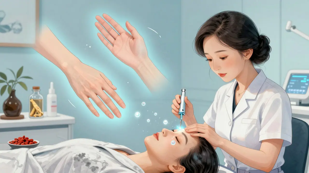 Женщина получает инъекции гиалуроновой кислоты в клинике, вокруг неё — светящиеся капли и символы омоложения.
