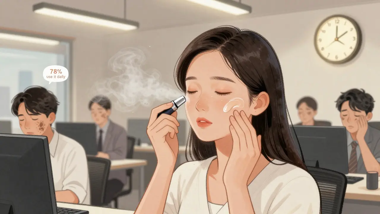 Женщина распыляет туман на макияж в офисе, улучшая его стойкость, вокруг — коллеги с уставшей кожей.