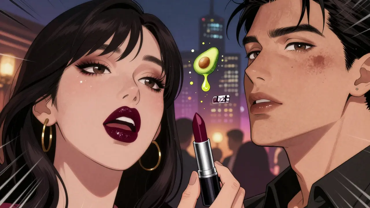 Женщина в бордовой матовой помаде в вечернем свете, рядом — блестящие губы на вечеринке, нано-технологии в воздухе.