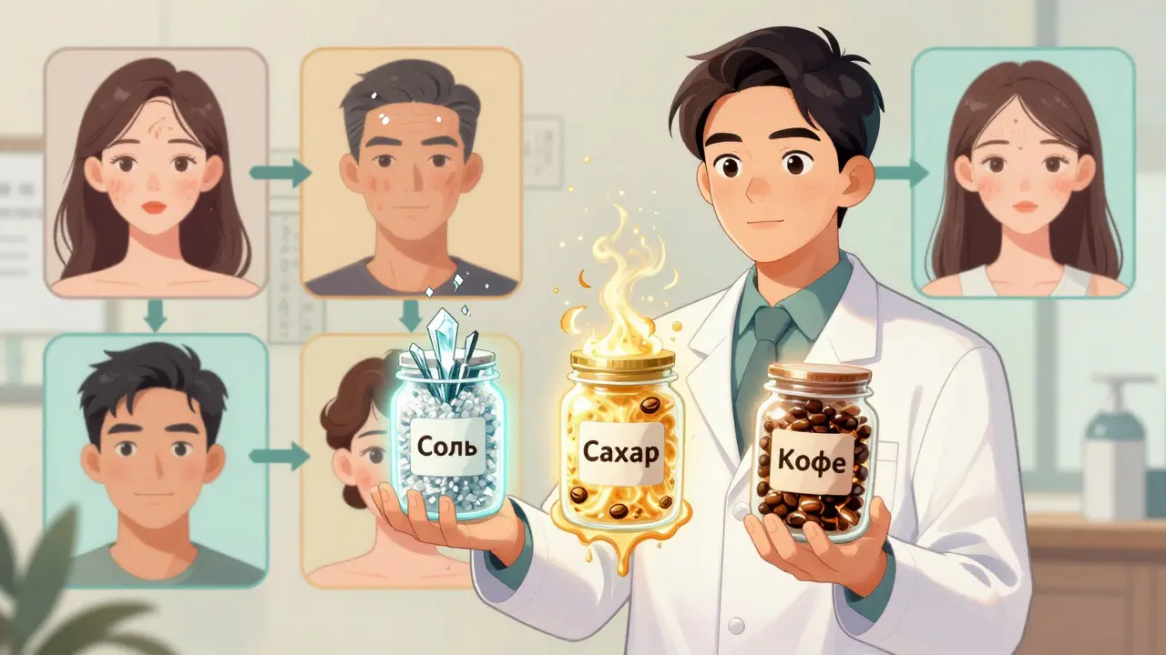 Дерматолог держит три банки со скрабами, рядом — панели с разными типами кожи, указывающие на правильный выбор.