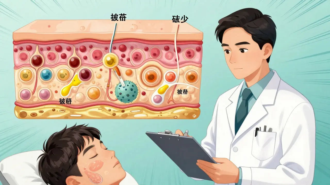 Дерматолог объясняет пациенту действие ретиноидов на схеме кожи с уменьшением жирности и воспаления.