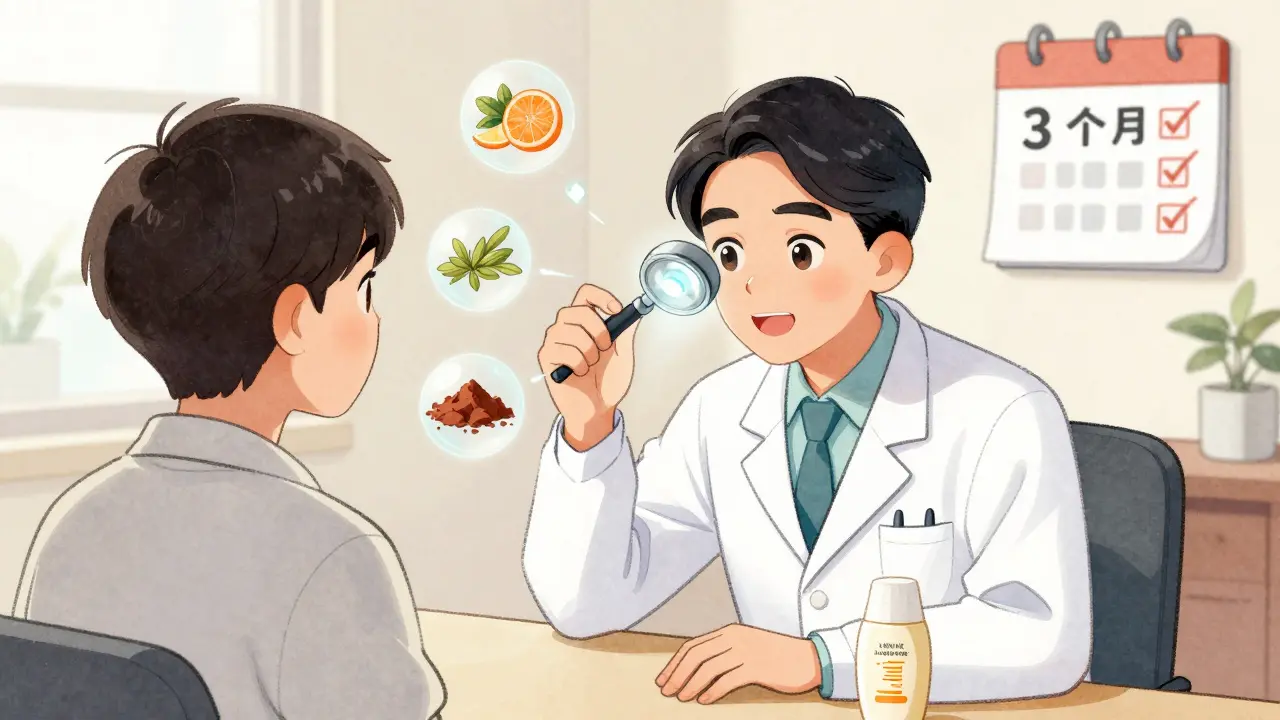 Дерматолог осматривает кожу лица, вокруг плавают иконки активных компонентов, на столе — солнцезащитный крем.