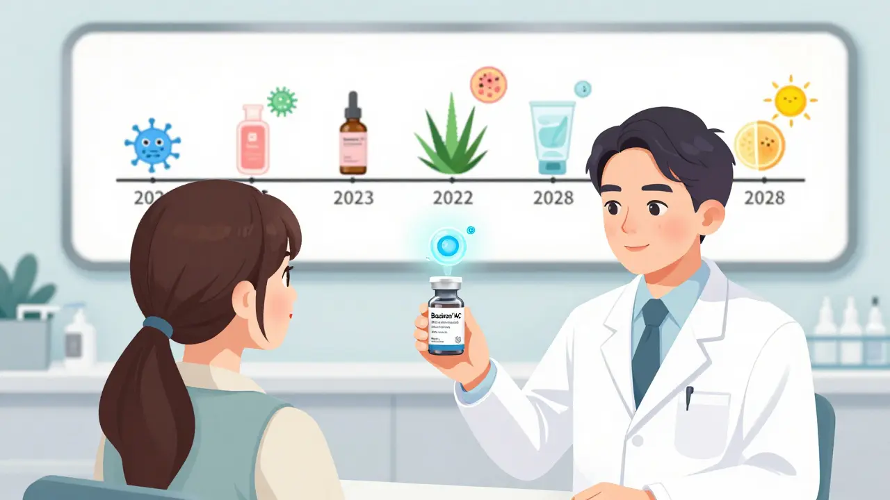 Дерматолог передает пациенту средство с липосомальной доставкой, позади — эволюция лечения акне до 2028 года.