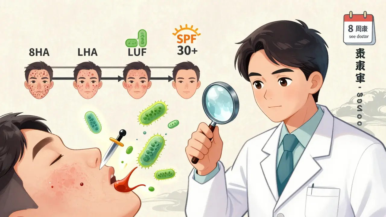 Дерматолог показывает, как салициловая кислота растворяет пробки в порах под микроскопом.