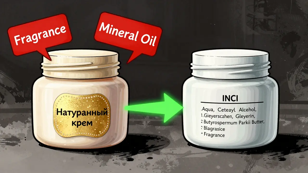 Два крема: один с красивой упаковкой, другой — с честным составом, рядом — предупреждающие знаки.