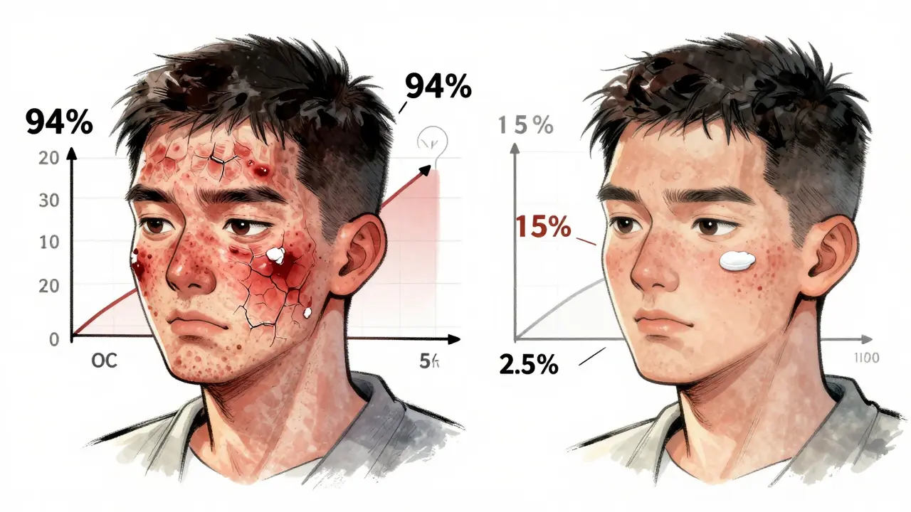 Два варианта кожи: одна с раздражением от высокой концентрации, другая — с увлажнением и улучшением после низкой концентрации.