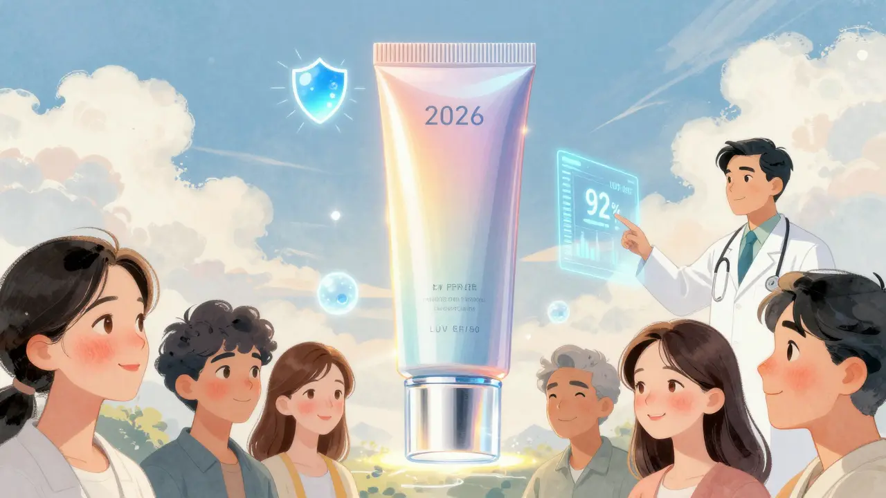 Футуристический SPF с адаптивным оттенком, пробиотиками и датчиками УФ, дерматолог показывает диаграмму, люди с розацеа улыбаются.