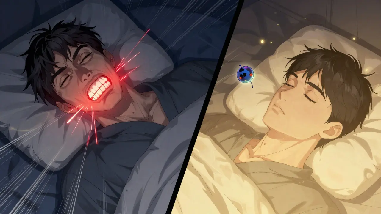 Мужчина ночью: слева — скрежет зубами, справа — спокойный сон с расслабленной челюстью.