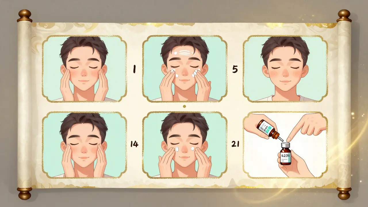 Постепенное восстановление кожи: от дня 1 до дня 21, показано в виде иллюстраций в стиле маньхуа.