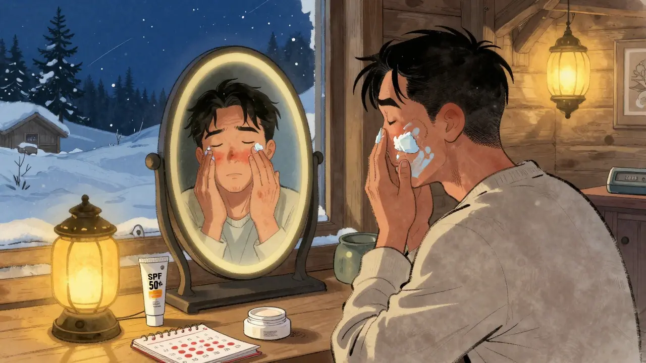 Скейтер вечером в ложе наносит восстанавливающий крем под тёплым светом.