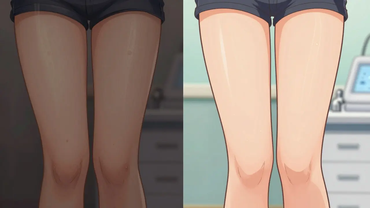 Сравнение до и после химического пилинга на бедре: от целлюлита к гладкой коже.