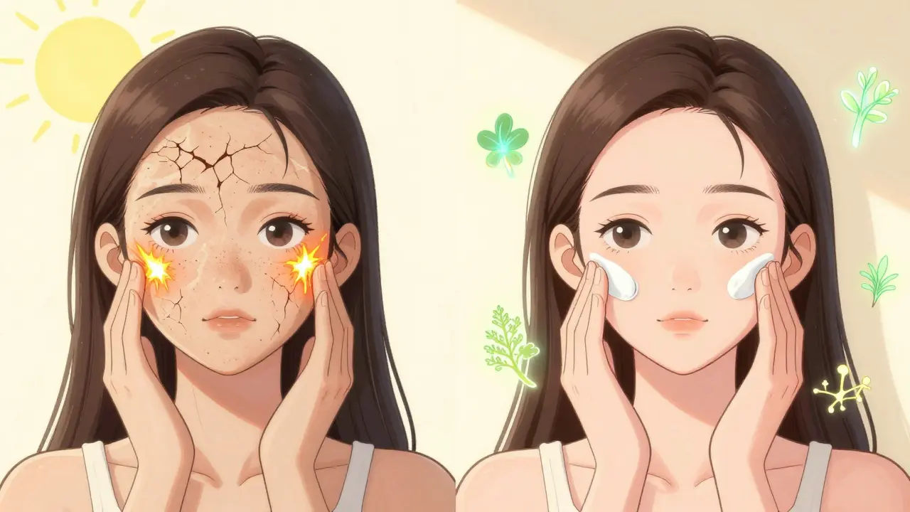 Сравнение двух уходов: агрессивный крем с ожогами и мягкий минеральный SPF с целебными ингредиентами, светящимися вокруг.