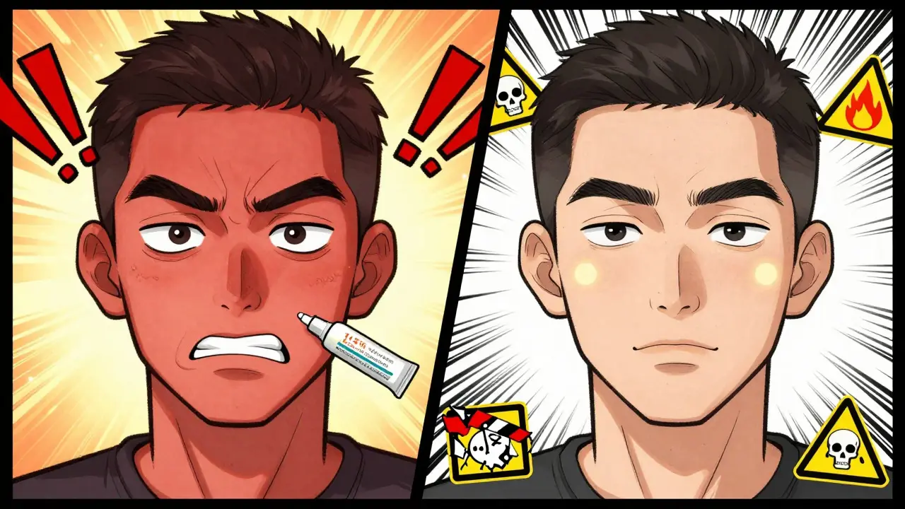 Сравнение раздраженной кожи от переиспользования кислоты и сбалансированной кожи с правильным уходом.