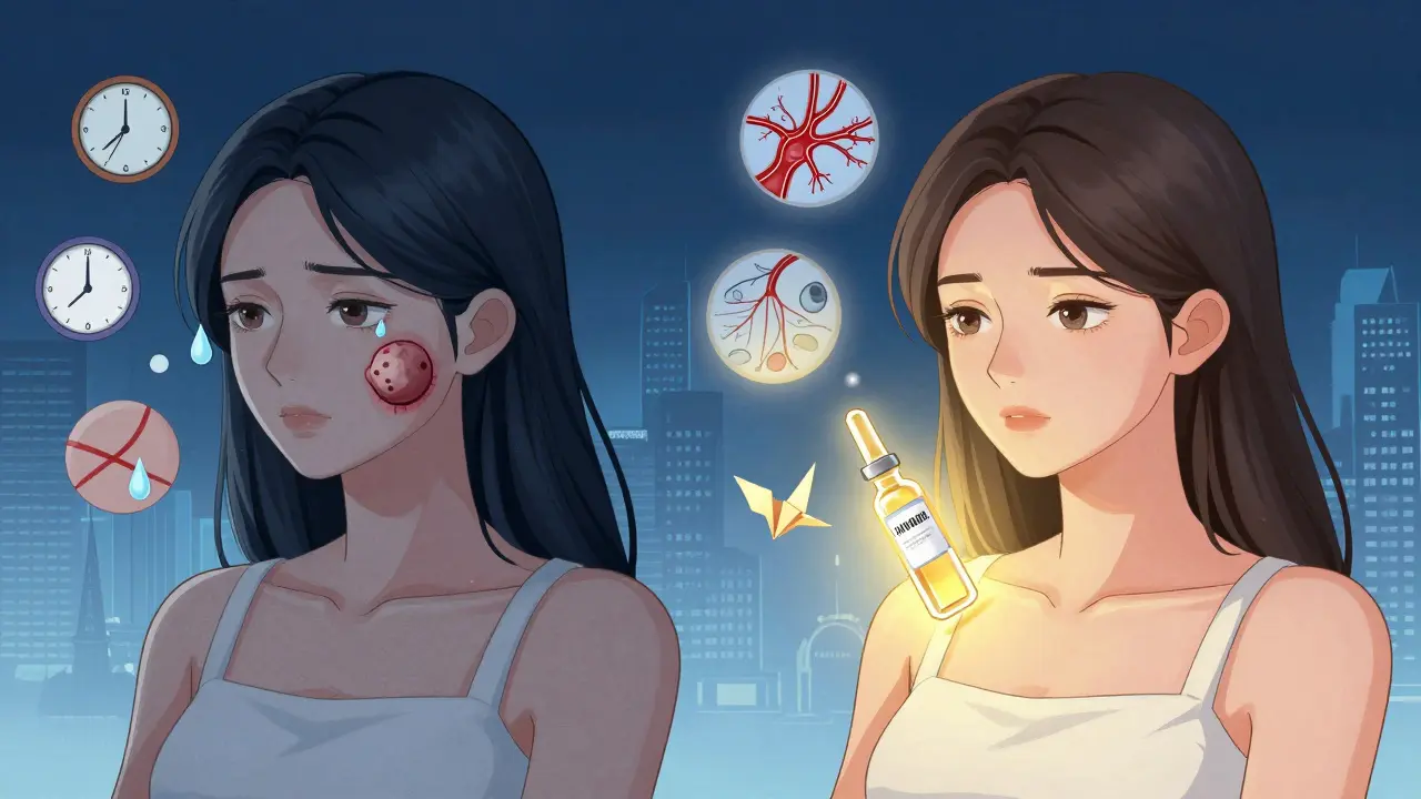 Сравнение: слева — узелок под кожей, справа — тот же человек после лечения гиалуронидазой, светлый фон.