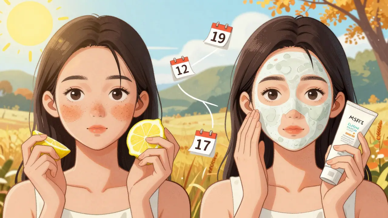 Сравнение: темные пятна на лице под солнцем и та же женщина с светлой кожей после масок и SPF.