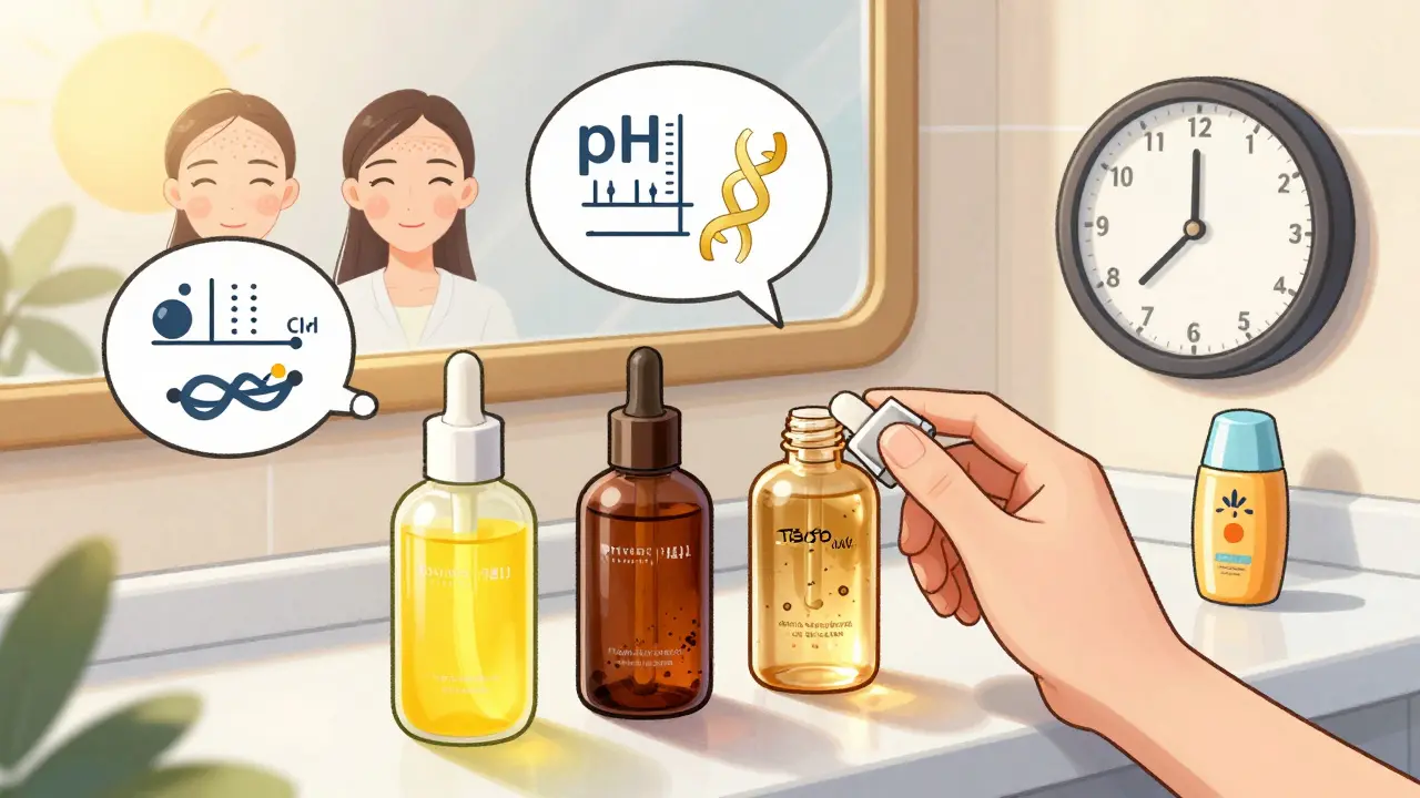 Три бутылочки с сывороткой: свежая, окисленная и правильная, утром на полке, с солнцезащитным кремом.