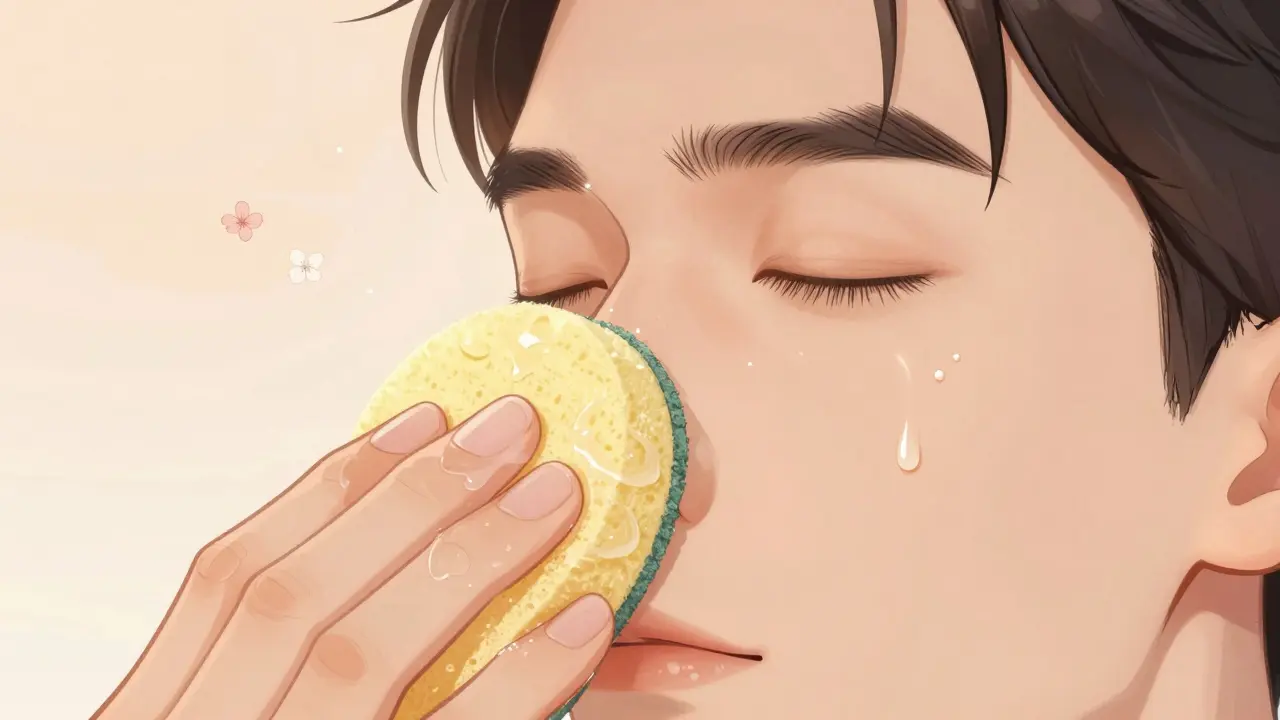 Влажный спонж аккуратно пропитывает крем под глазами и у крыльев носа, создавая бесшовное покрытие.