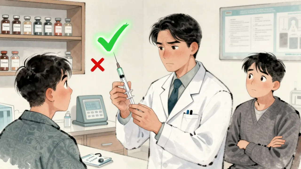 Врач делает аспирацию перед инъекцией, рядом видны маркированные флаконы гиалуронидазы и канюли в клинике.