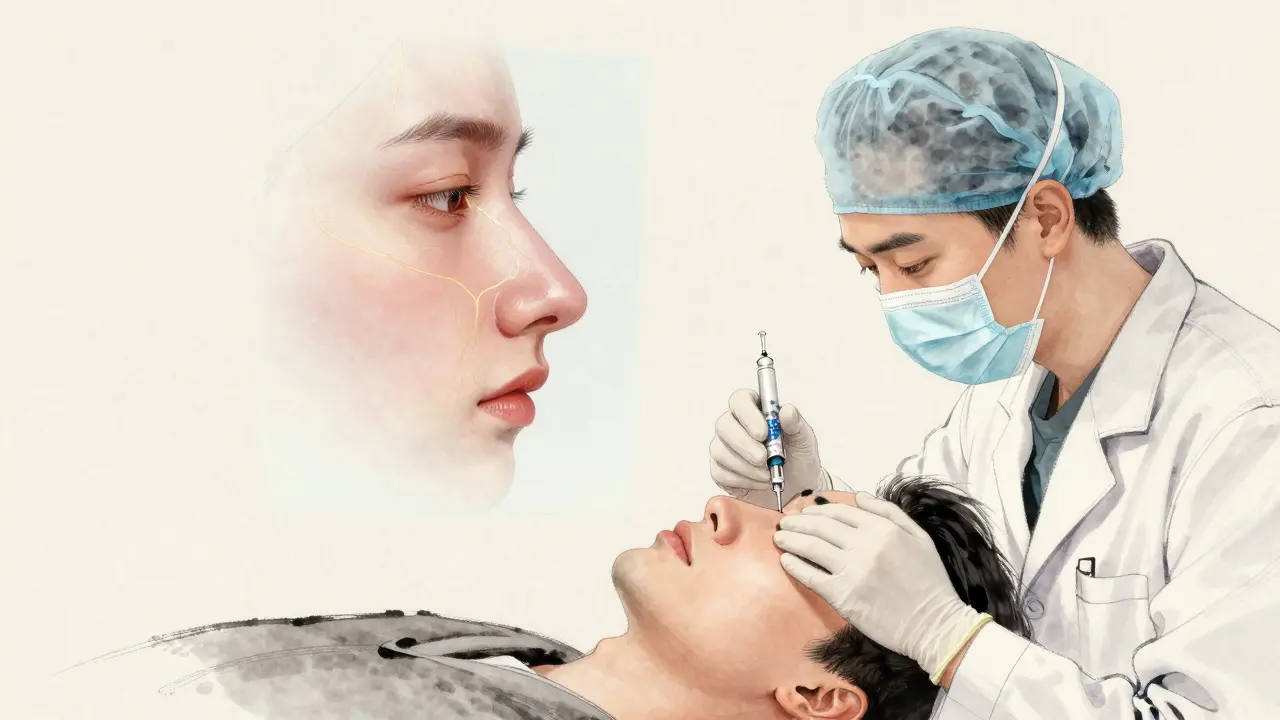 Врач вводит филлер в нос с помощью микроканюли, рядом — 3D-проекция до и после коррекции.