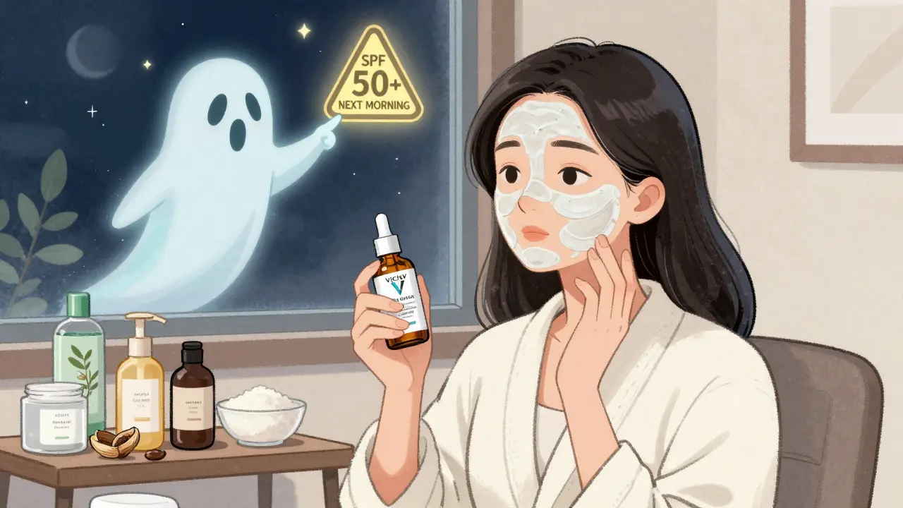 Женщина наносит химический пилинг дома, над ней парит предупреждение о SPF.