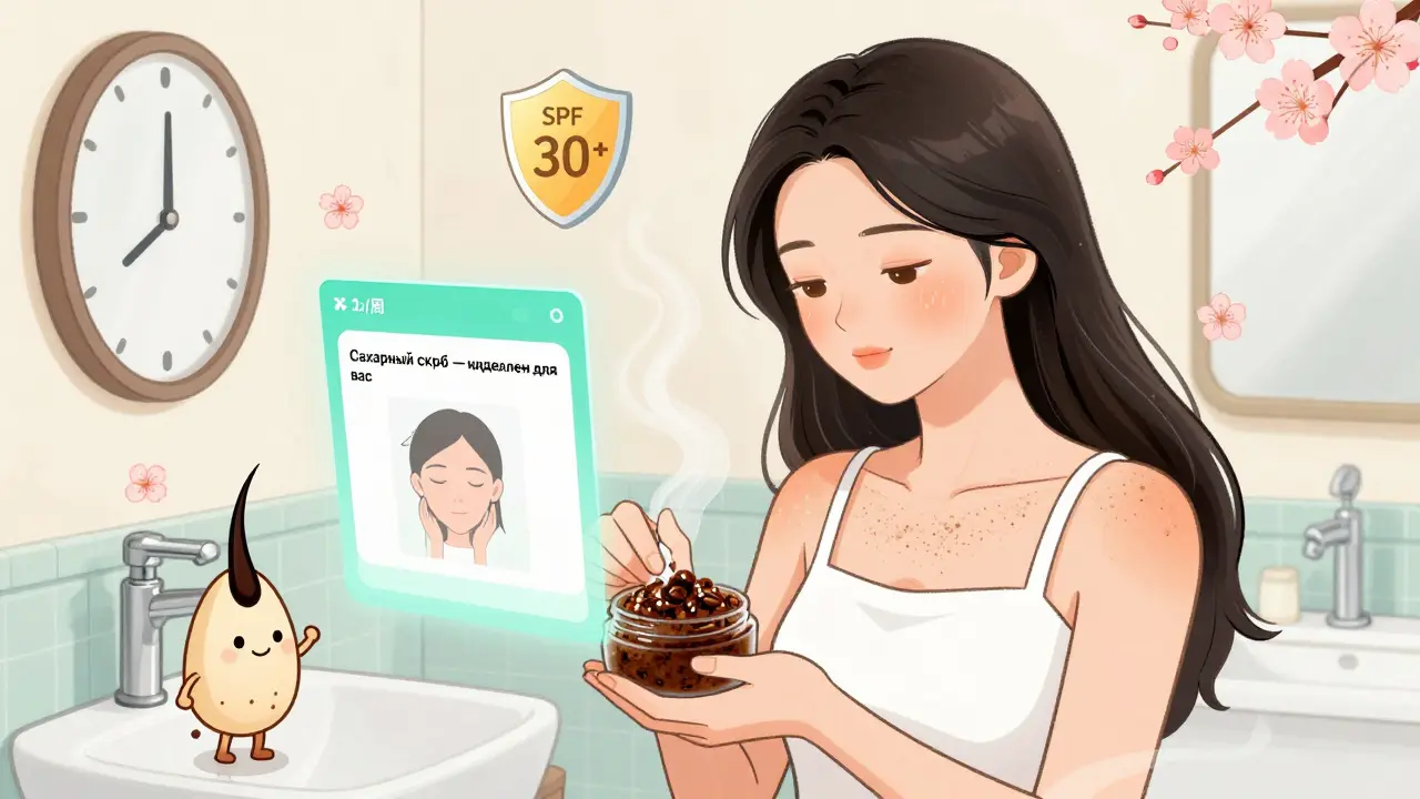 Женщина наносит кофейный скраб, над ней — интерфейс приложения с персональной рекомендацией, вокруг — символы ухода.