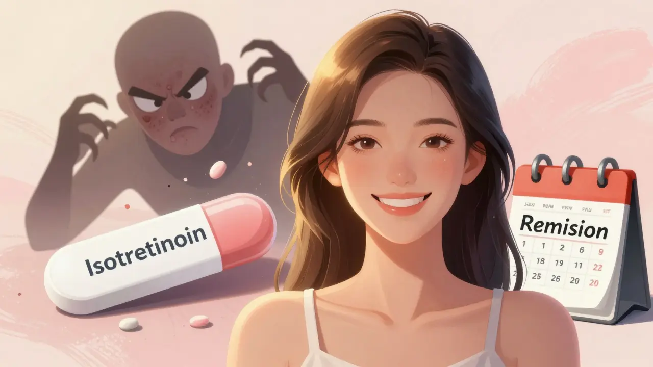 Женщина с чистой кожей улыбается на солнце, за ней раздавленный образ акне под таблеткой изотретиноина.