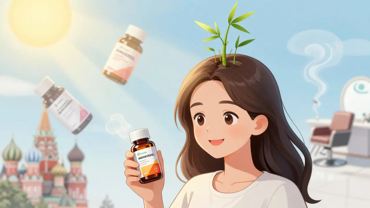 Женщина с новыми волосами, растущими как побеги, рядом — добавки железа и витамина С, старые средства исчезают.