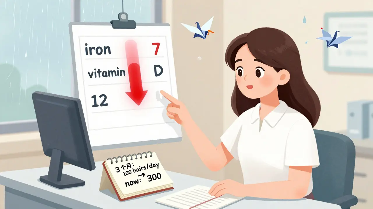 Женщина в клинике смотрит на диаграмму с низкими уровнями железа и витамина D, врач объясняет результаты.