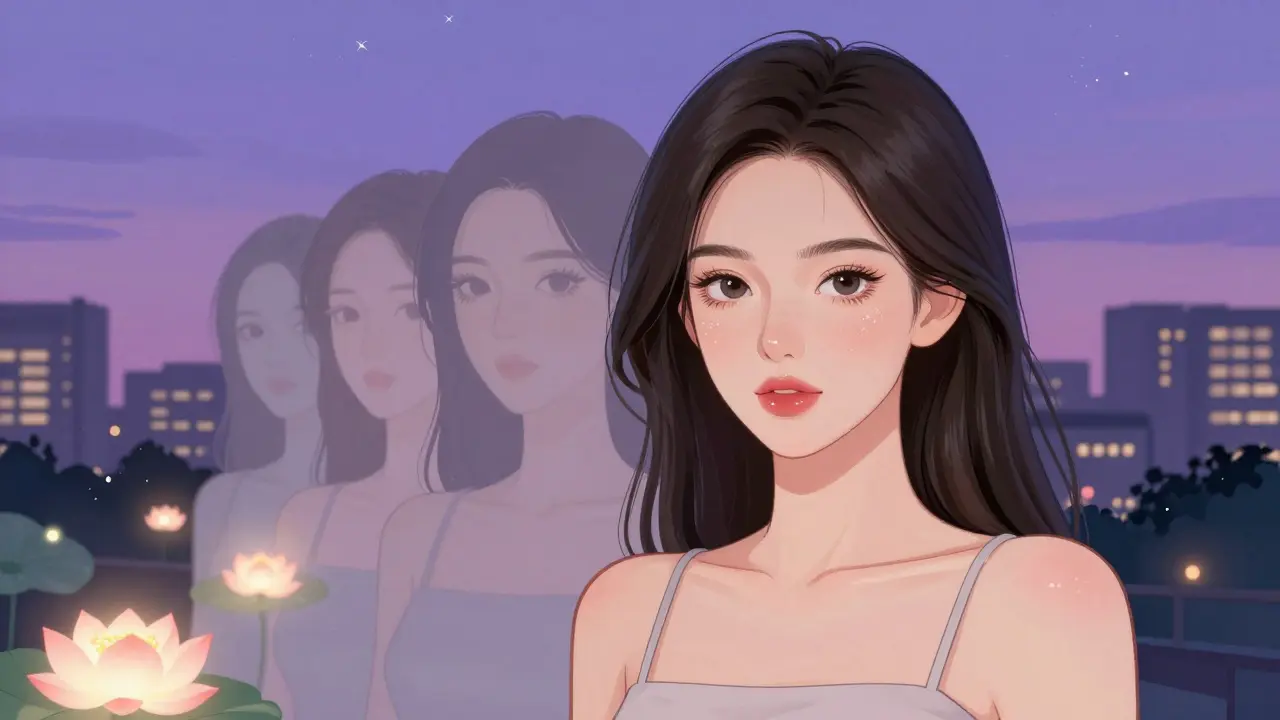 Женщина выходит на вечер, её макияж естественный и сияющий, за спиной исчезают ошибки.