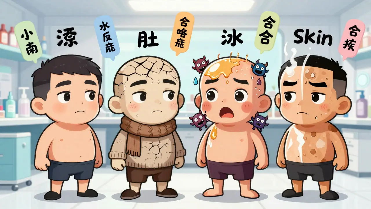 Четыре типа кожи в виде персонажей: сухая, жирная, нормальная и комбинированная с визуальными различиями.