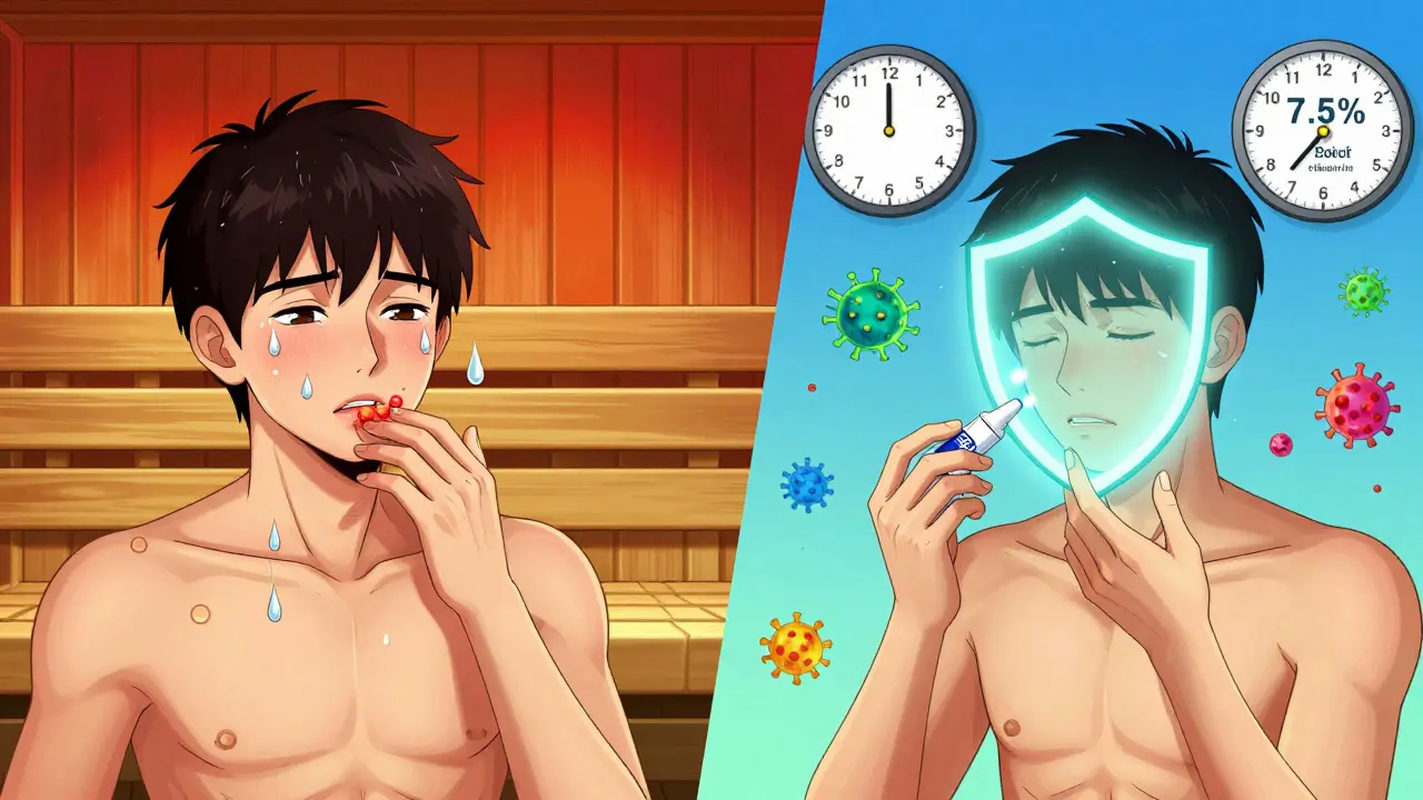 Два сценария: слева — герпес после сауны, справа — профилактика кремом за 5 дней до процедуры.