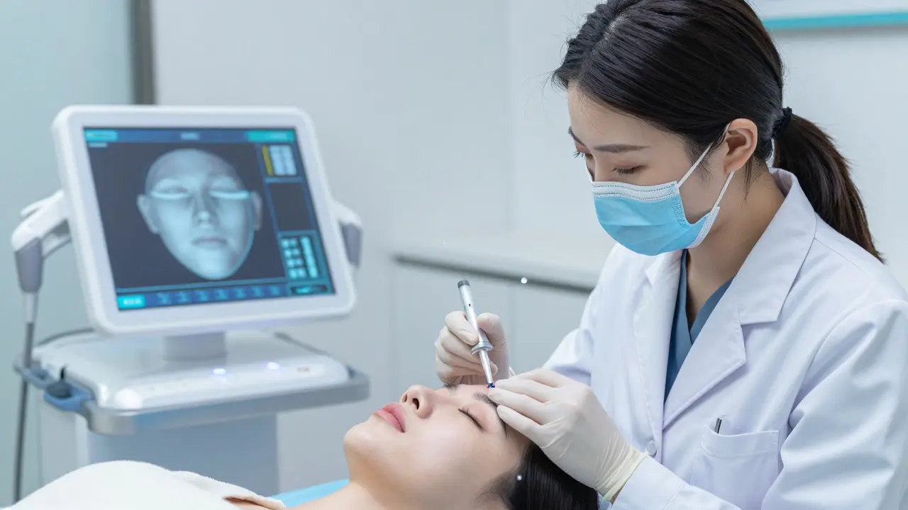 Косметолог делает инъекцию филлера, а в воздухе всплывают частицы гиалуроновой кислоты.