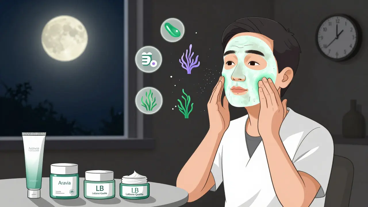 Мужчина делает массаж лица ночью, на коже светится маска с ниацинамидом и пептидами.