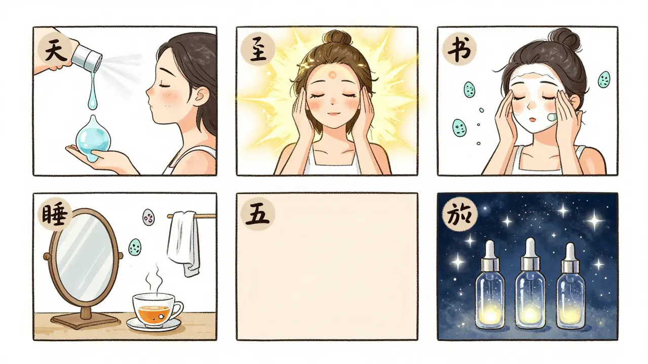 Недельный график ухода за кожей: дни с кислотами, дни отдыха и увлажнения, изображённые как тихие ритуалы в мягком стиле.
