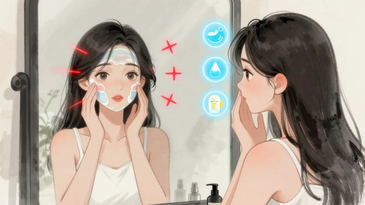 Отражение женщины в зеркале: одна версия с ошибками ухода, другая — с правильным минималистичным рутином и светящимися символами защиты.