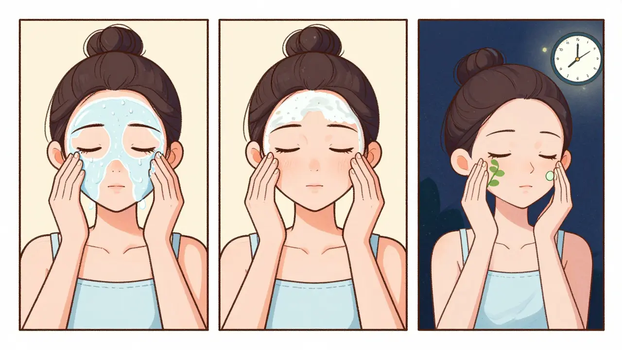 Пошаговый уход: умывание термальной водой, сыворотка с ниацинамидом, ночной крем с мягким ретиноидом.
