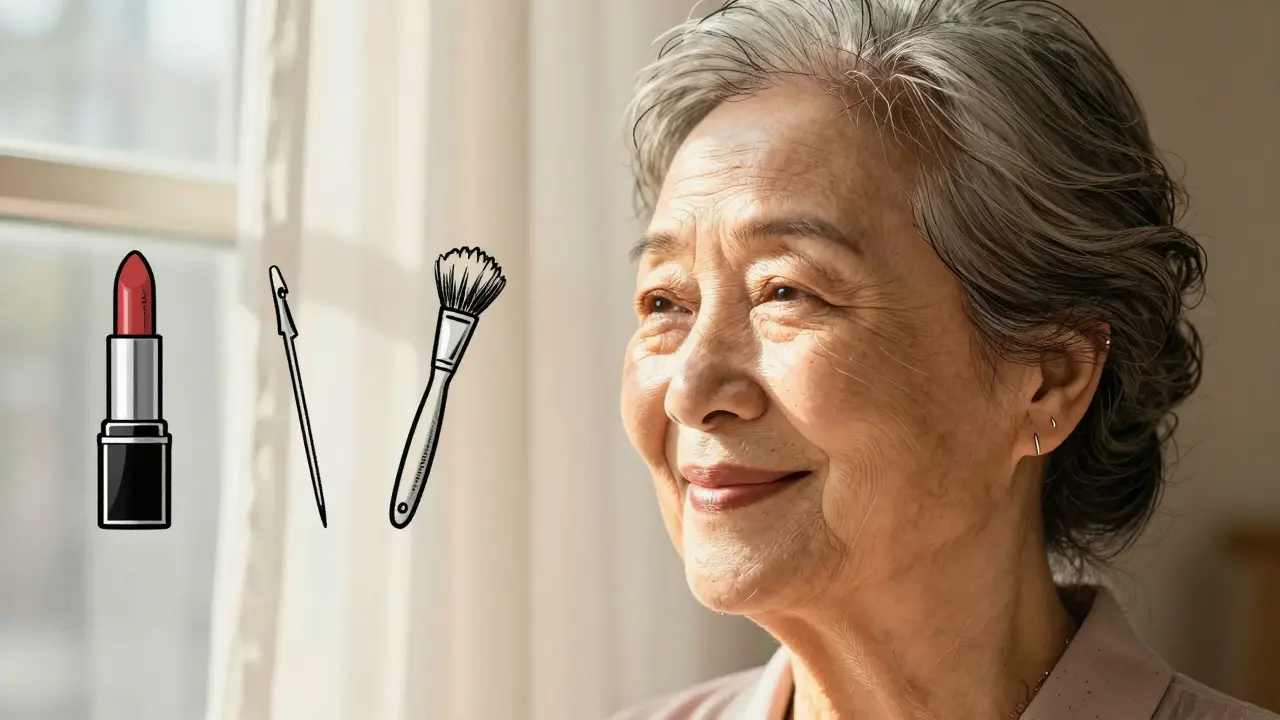 Пожилая женщина улыбается с естественно подтянутыми губами после нитевого лифтинга.