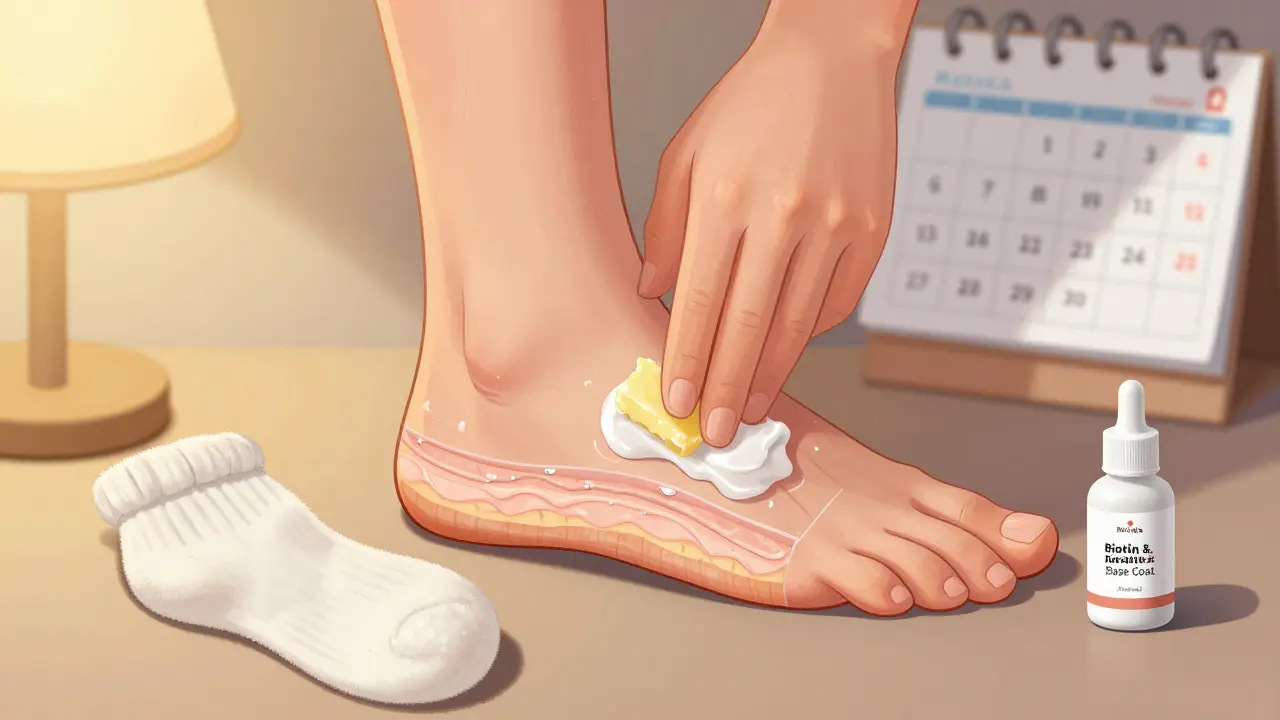 Рука наносит крем на треснувшие пятки, рядом лежат носки и флакон с базовым покрытием.