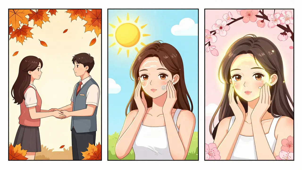 Сезонный цикл ухода за кожей: осенью, летом и весной женщина получает биоревитализацию, её лицо светится здоровым сиянием.