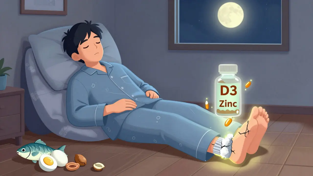 Спящий человек в носках, вокруг ног светятся витамины, на фоне — яйца, орехи и рыба.