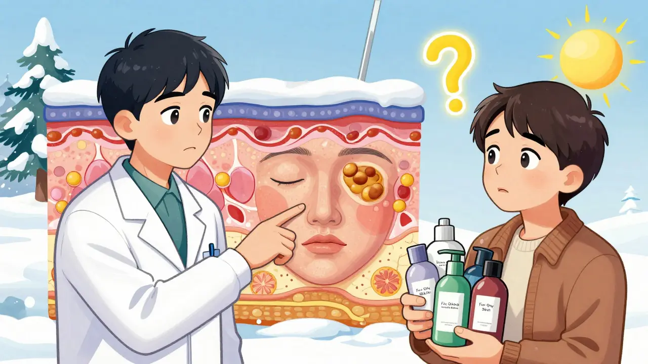 Специалист объясняет распределение сальных желез на лице, клиент держит неподходящие средства ухода.