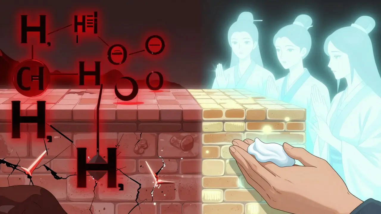 Сравнение агрессивных кислот и защитных компонентов, восстанавливающих кожный барьер, как битва между разрушением и восстановлением.