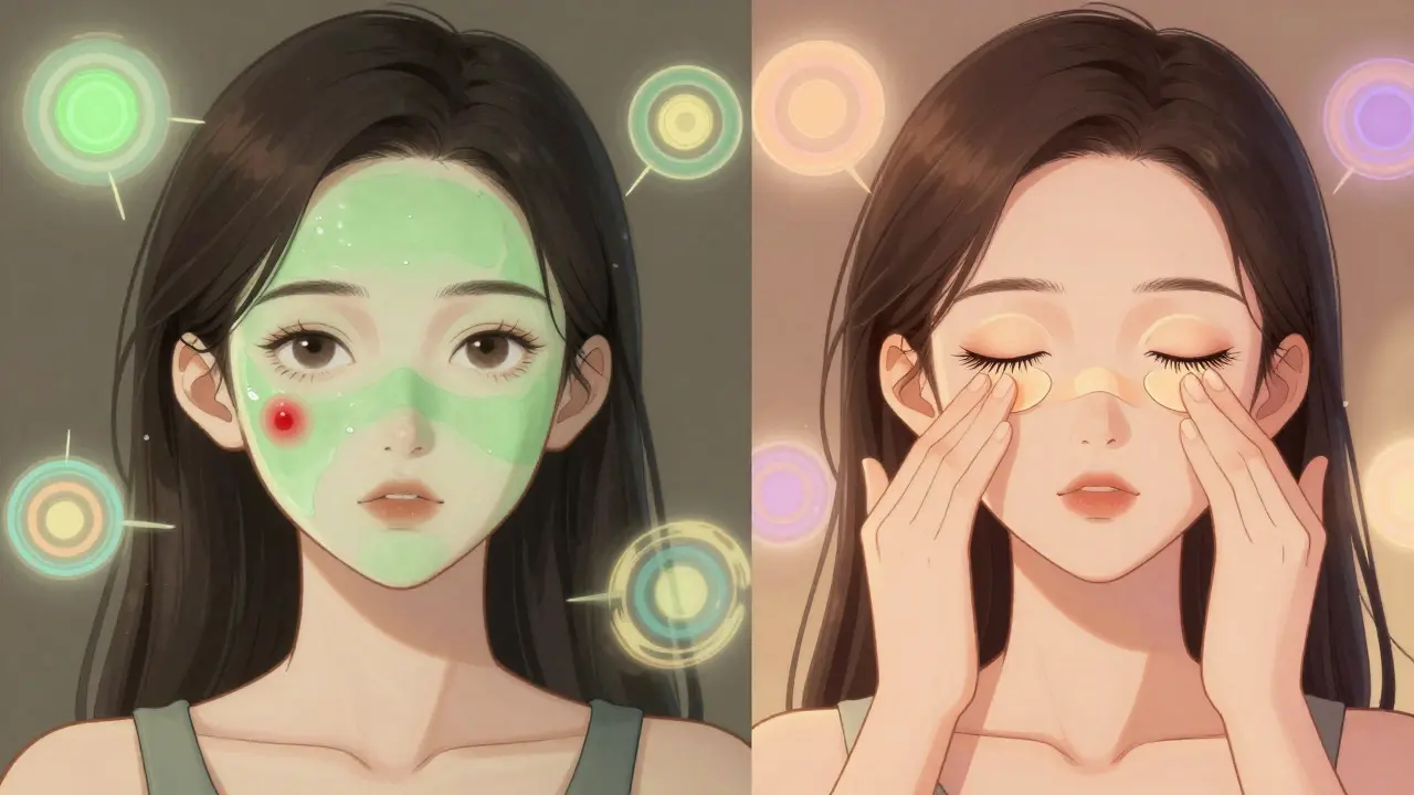 Сравнение неправильного и правильного применения цветного консилера для маскировки покраснений и синяков.