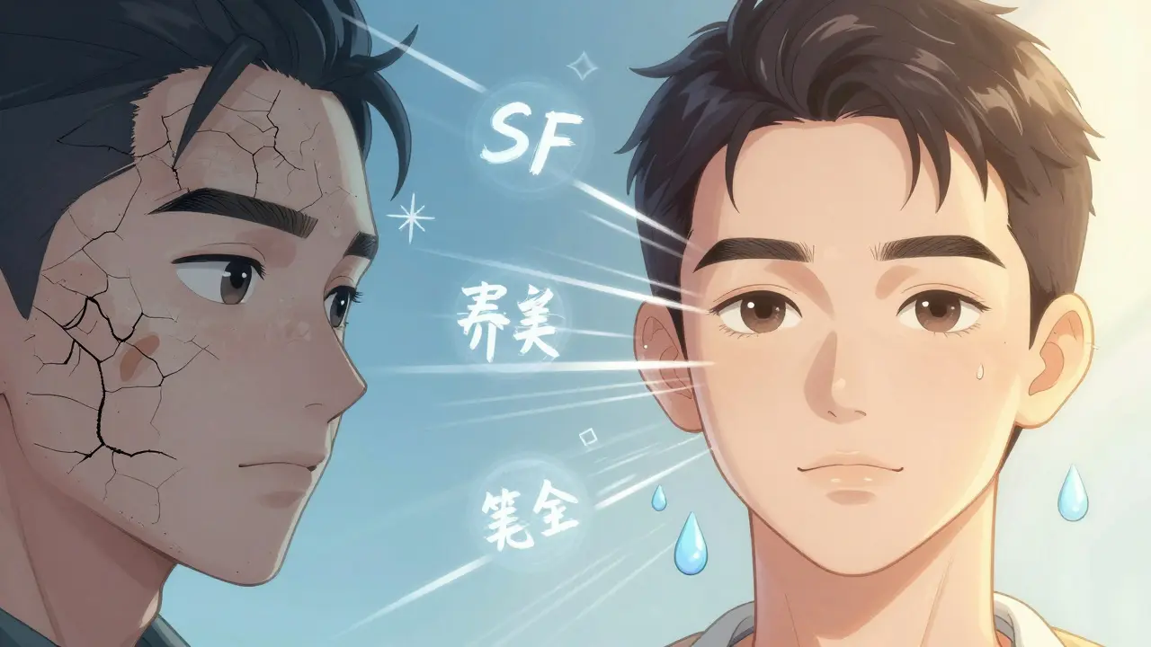 Сравнение повреждённой кожи и идеально нанесённого макияжа с цветовыми символами этапов.